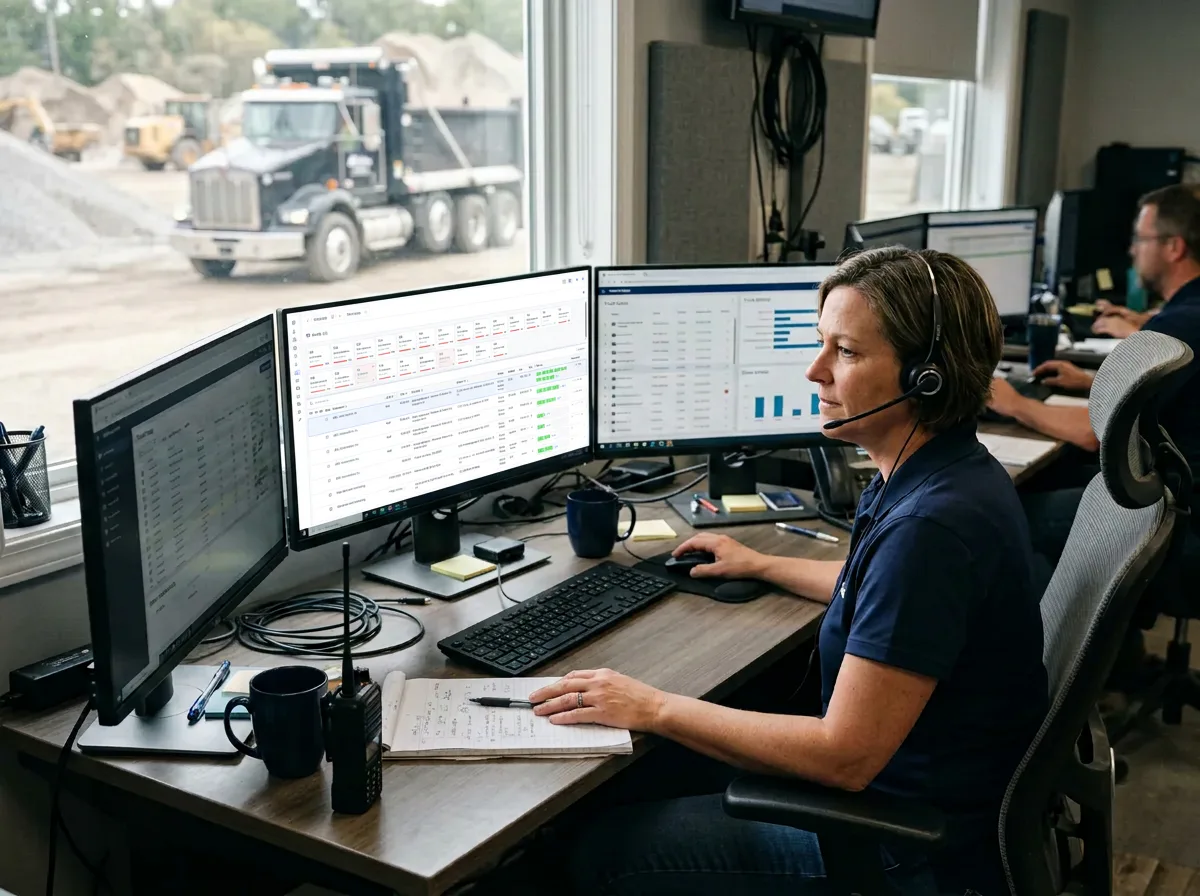 Dispatcher coordinating aggregate hauling operations across multiple fleet management screens