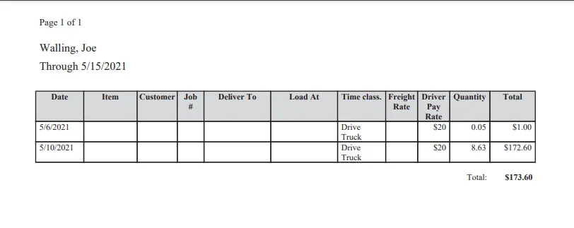 Printed Driver Pay Statement