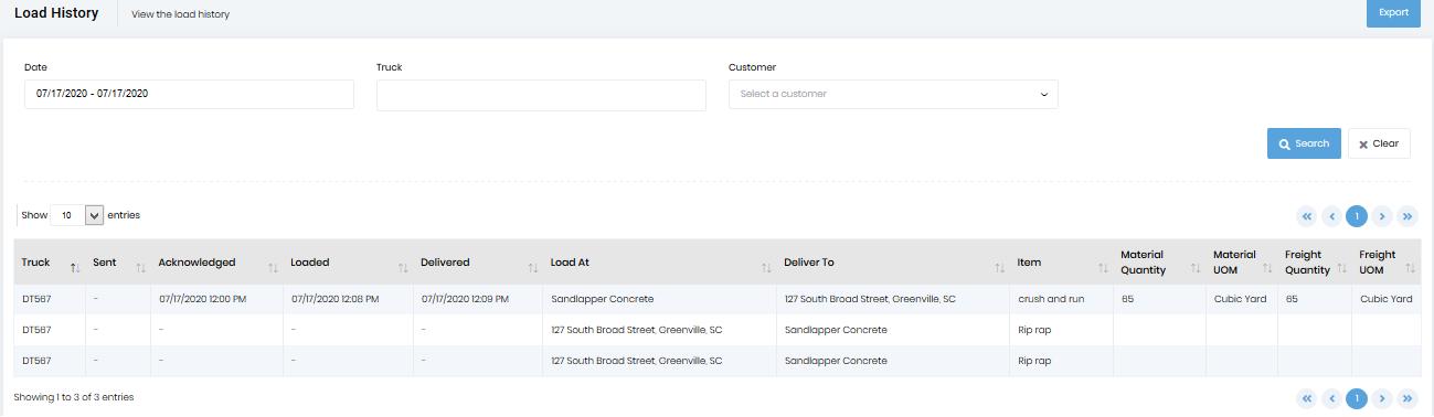 Load History - Dump Truck Dispatcher