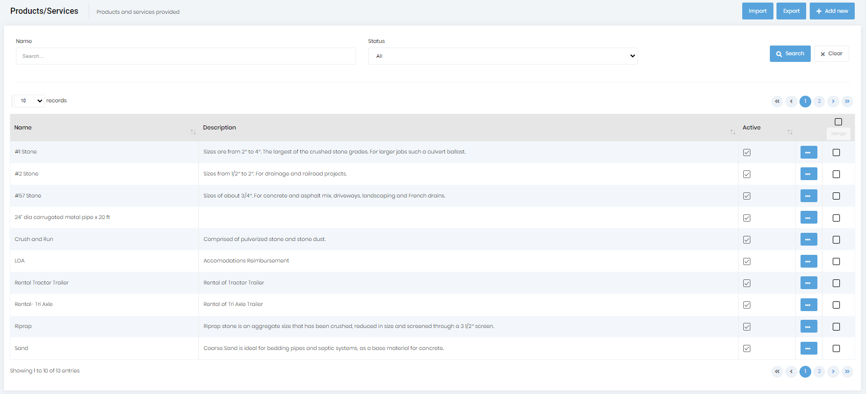 Product/Service List